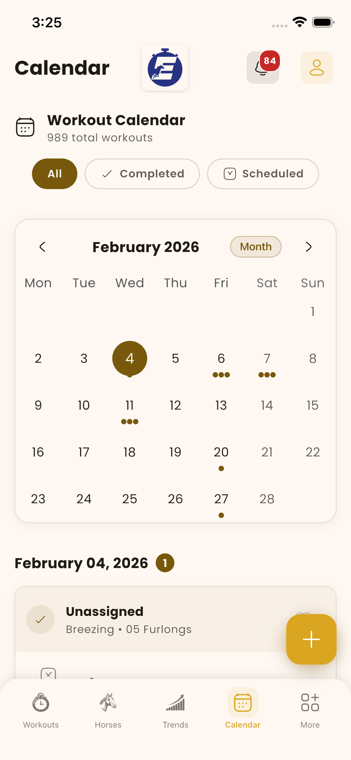 Monthly calendar with dots on days that have workouts