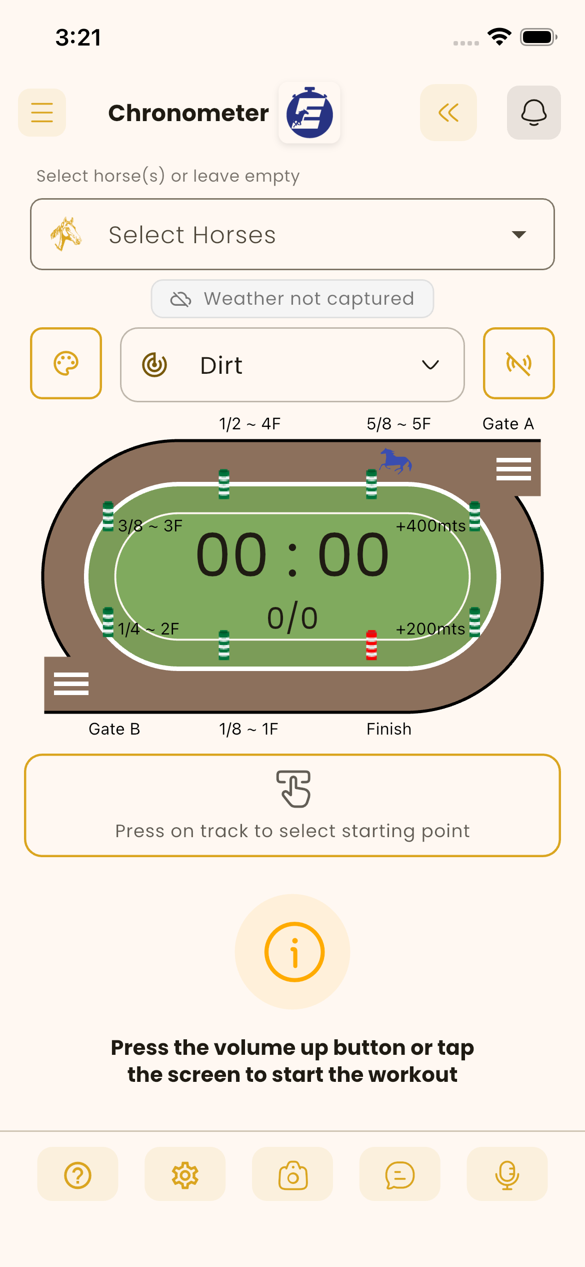 Equitime Chronometer app with racetrack oval ready to time a workout