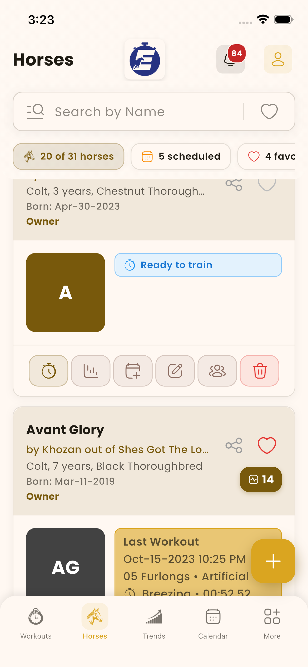 Horses list with search, favorites and scheduled filters