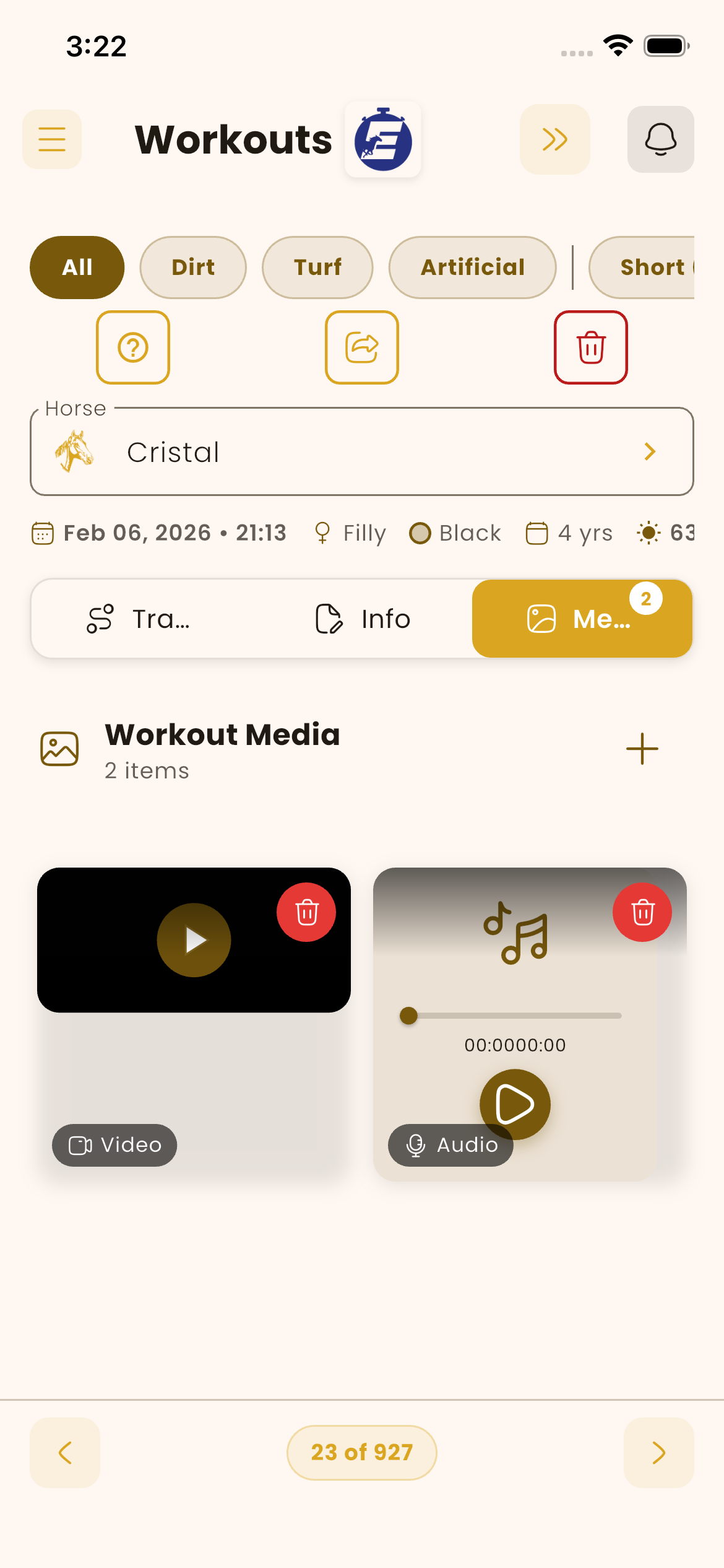 Workout Media panel — video and voice note attached to the session
